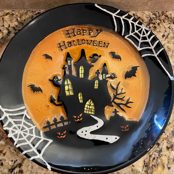 Halloween Art Glass Plate Platter Black Orange Spider Web Bats Haunted House - Picture 1 of 11
